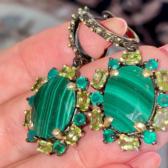 Royal Genuine Malachite Earrings with Gemstone Accents - Picture 6 of 14